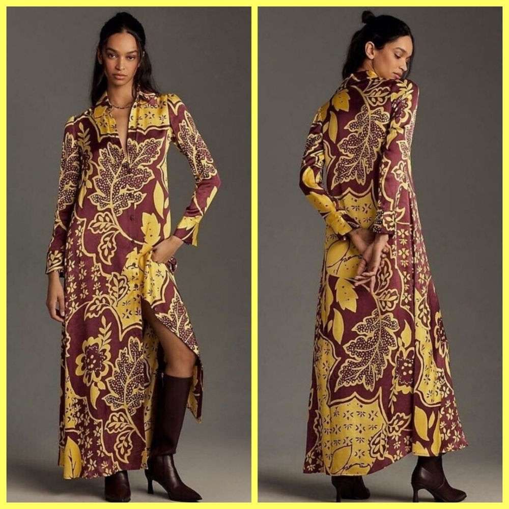 🆕️ 🏵Corey Lynn Calter🏵 - Yellow/Brown Floral Print L/S Maxi Shirt Dress